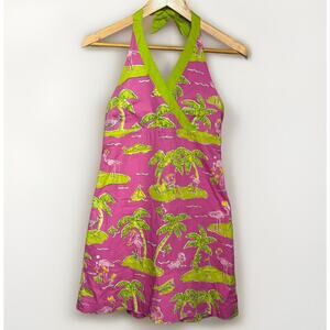 Lilly Pulitzer Halter Dress Girl’s Size 14 Pink & Green Island Flamingo Print